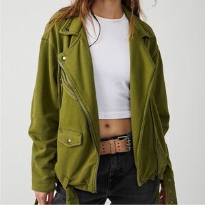 Free People Rebel Knit Oversized Moto Army Green Jacket Woman’s Size Medium